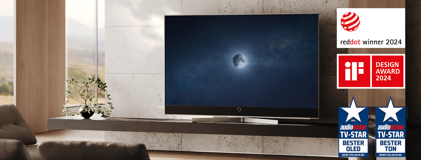 Audiovision-Auszeichnung für den Loewe stellar Smart-TV. Bester Ton, bestes Bild und bestes Design. Reddot Design Award 2024.