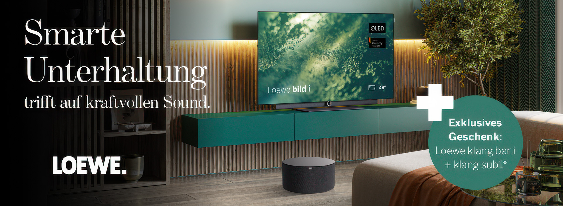 Jetzt 700€* Preisvorteil sichern! Holen Sie sich den LOEWE bild i.48 dr+ und erhalten Sie die leistungsstarke Soundbar klang bar i sowie den Premium-Subwoofer klang sub1 gratis dazu.*